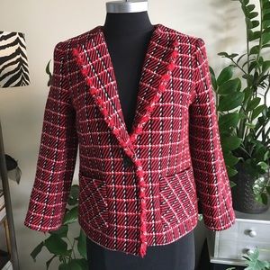 Red Tweed Plaid Fringe Trim Blazer Jacket – Classic Chic, Lined, Button Front